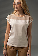 Женская однотонная кремовая футболка с ажурной вставкой. Модель 3018 50/52