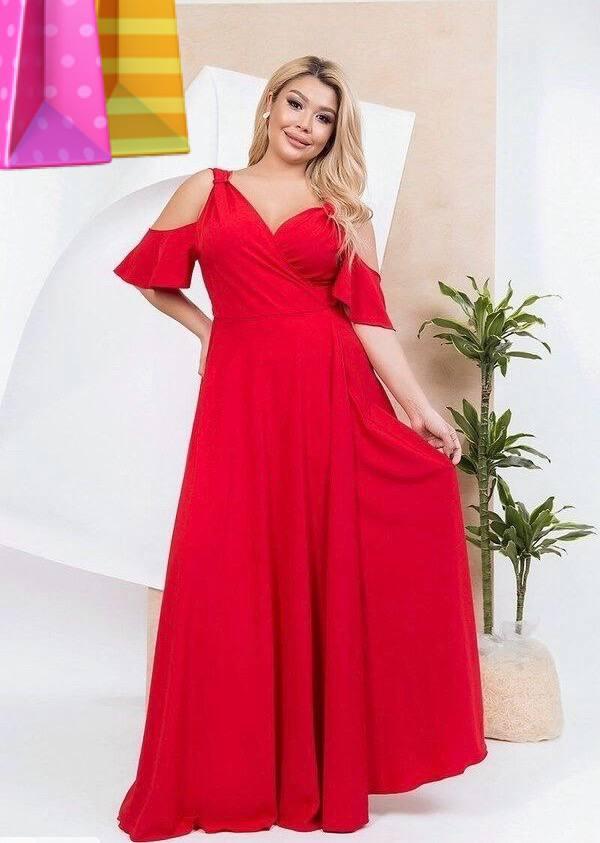 Нарядне плаття на запах, максі, з вільним рукавом, спідниця кльош, червоний, фото 1