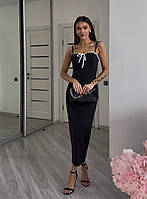 Женское трендовое вечернееплатье бюстье с контрастными рюшами приталенный крой цвет чёрный на тонких бретелях