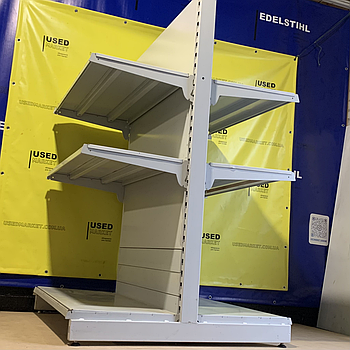 Острівний двосторонній торговий стелаж MAGO з металевими полицями б/у, для магазина 1500х1000 світло сірий