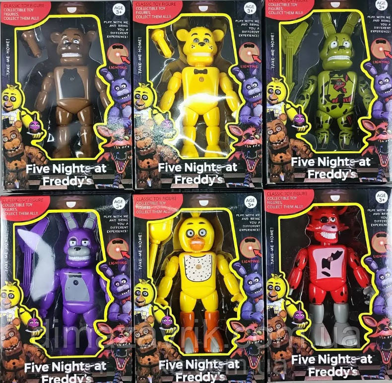 Ігрові фігурки 13-15 см HG-33013 Світяться, Аніматроніки "5 ночей з Фредді" Фредді Фоксі Боні Чика 6шт Комплект, фото 1