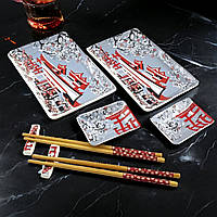 Набор посуды для суши на 2 персоны 8 предметов 28х28,3х3,5 см Цветение Сакуры в подарочной упаковке