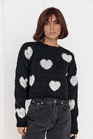 Женский вязаный свитер oversize с сердечками - черный цвет, S (есть размеры)