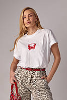 Женская футболка oversize с принтом бабочки - белый цвет, L (есть размеры) S