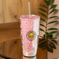 Многоразовый стакан с трубочкой и крышкой 750 мл пластиковый Розовый