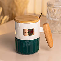 Чашка керамічна з бамбуковою кришкою та ручкою 400 мл Зелена
