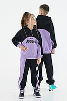 Костюм тёплый с капюшоном и карманом спереди черно-фиолетовый для мальчика/девочки JO JO