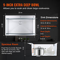 Кухонна мийка VEVOR 838 x 558 мм вбудовувана мийка, настільна мийка з однією чашею та аксесуарами, мийка для побутової