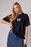 Женская футболка oversize с принтом бабочки - черный цвет, L