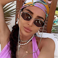 Сонцезахисні окуляри жіночі шестигранні з ланцюжком Glory коричневі із золотом