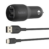 Зарядний пристрій автомобільний Belkin 24 Вт 2хUSB-A, кабель USB-A USB-C 1 м, чорний