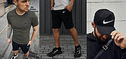 Комплект Nike футболка хакі + шорти + кепка Nike чорна з сіткою (біле лого)