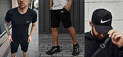 Комплект Nike футболка чорна + шорти + кепка Nike чорна з сіткою (біле лого)