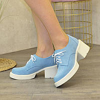 Туфли женские замшевые на широком каблуке, цвет голубой. 36 размер