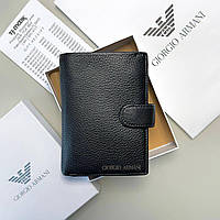 Мужское вертикальное портмоне на кнопке Giorgio Armani черный кошелек из натуральной кожи в подарочной упаковк
