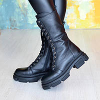 Ботинки высокие черные женские на шнуровке. Натуральная кожа флотар. 41 размер