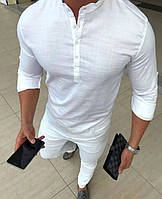 Модная классическая рубашка мужская однотонная, льняная стильная мужская рубашка с длинным рукавом