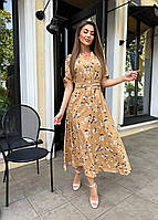 Женское летнее платье-миди с короткими рукавами на завязках: 42, 44, 46, 48. Цвет: бежевый.