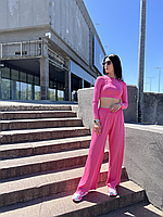 Летний женский базовый костюм: вискозный лонгслив с длинными рукавами и свободные штаны 40/42, Розовый