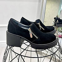 Туфли женские замшевые на каблуке. Цвет черный. 37 размер