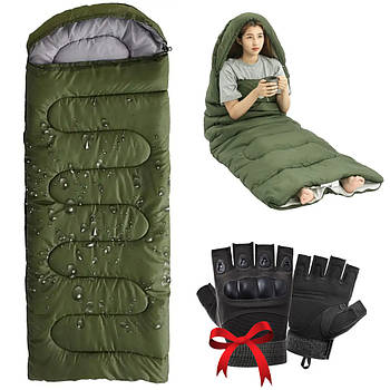 Тактичний спальник до -20С (200×80см) + Подарунок Безпалі рукавички / Спальний мішок-ковдра з капюшоном