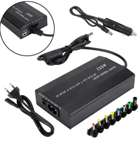 Універсальний зарядний пристрій від мережі та від прикурювача для ноутбуків із 8 насадками DC 12-24 V 120ват, фото 1