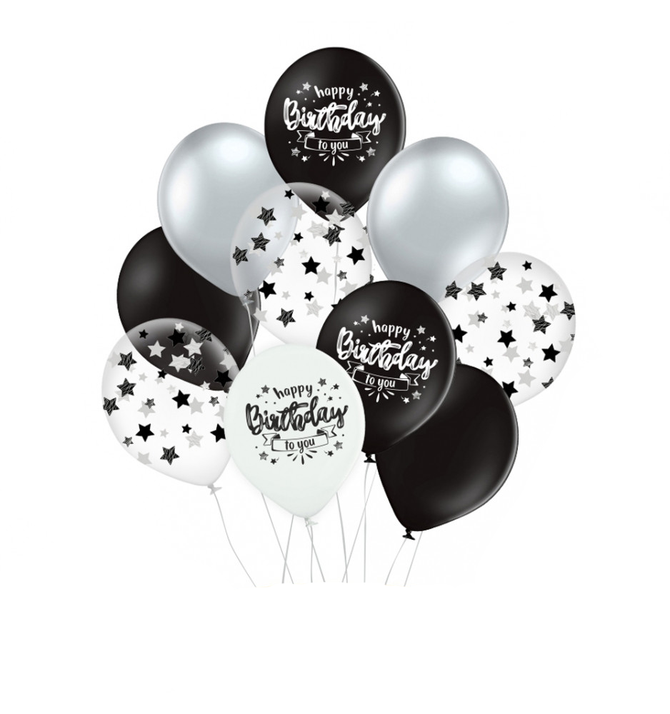 Набір латексних повітряних куль Belbal Happy birthday зірки, чорний, срібло хром, 30 см, 10 шт
