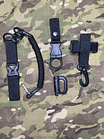 Набор тактических карабинов на черной стропе / карабины+держатель для перчаток+страховой шнур