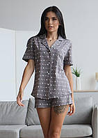Женская пижама домашний хлопковый комплект с принтом сердечки (рубашка+ шорты) Роксана серая