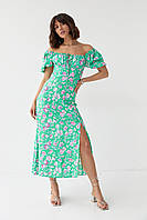 Летнее цветочное платье миди с кулиской на груди - зеленый цвет, S (есть размеры) pm