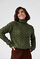 Женский свитер из крупной вязки в косичку - хаки цвет, S