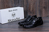 Чоловічі відкриті шкіряні туфлі Matador Black, чоловічі літні туфлі мокасини, чорні стильні туфлі для чоловіків