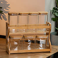 Баночки для сыпучих продуктов набор 7 шт с деревянной подставкой стеклянные емкости для хранения 0.7 л и 1 л