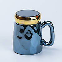 Чашка с крышкой 450 (мл) керамическая в зеркальной глазури Ø 7.0 (см) синяя