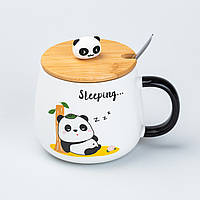 Кружка панда 450 (мл) с бамбуковой крышкой и ложкой Ø 8.5 (см) чашка керамическая "Sleeping"