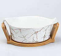 Салатница 29×22×9.5 (см) с деревянной подставкой большая миска керамическая тарелка для салата Белая