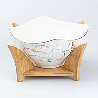 Салатница 23×13.5 (см) с деревянной подставкой большая миска керамическая тарелка для салата Белая