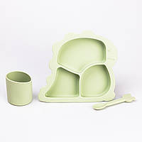 Набір силіконового посуду для дітей чашка тарілка з трьома секціями ложка зелена для першого прикорму