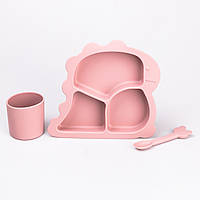 Силіконовий посуд для підгодовування чашка, тарілка з трьома секціями, ложка набір посуду для дітей рожевий