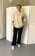 Р. 42-52 Стильная женская футболка свободная оверсайз коттон однотон Черный графит белый молочный бежевый