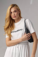 Женская футболка с надписью Miu Miu - молочный цвет, Трикотаж, надпись, Турция