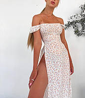 Стильное обтягивающее платье женское миди,легкое платье белое в цветы длинное со спущенными плечами