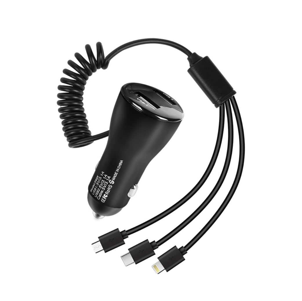 Зарядний пристрій прикурювача авто Кабель 3в1 MicroUSB Type-C Lightning