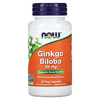 Гінкго білоба 60 мг Now Foods Ginkgo Biloba екстракт для здоров'я мозку 60 рослинних капсул