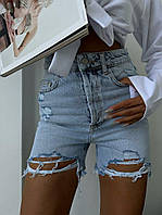 Летние женские рваные джинсовые шорты с дырками и бахромой (голубые) 34, 36, 38, 40 размеры