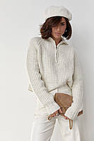 Жіночий в'язаний светр oversize з коміром на блискавці молочний колір, L (є розміри)