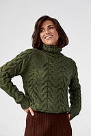 Жіночий светр із грубого в'язання в косичку хакі колір, L (є розміри)