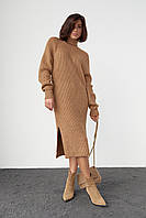Вязаное платье миди с разрезами - коричневый цвет, L (есть размеры) pm