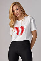 Женская футболка с полосатым сердца - молочный цвет, M (есть размеры) pm