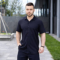 Мужская рубашка темно-синяя модная однотонная с коротким рукавом на лето повседневная удобная на пуговицах